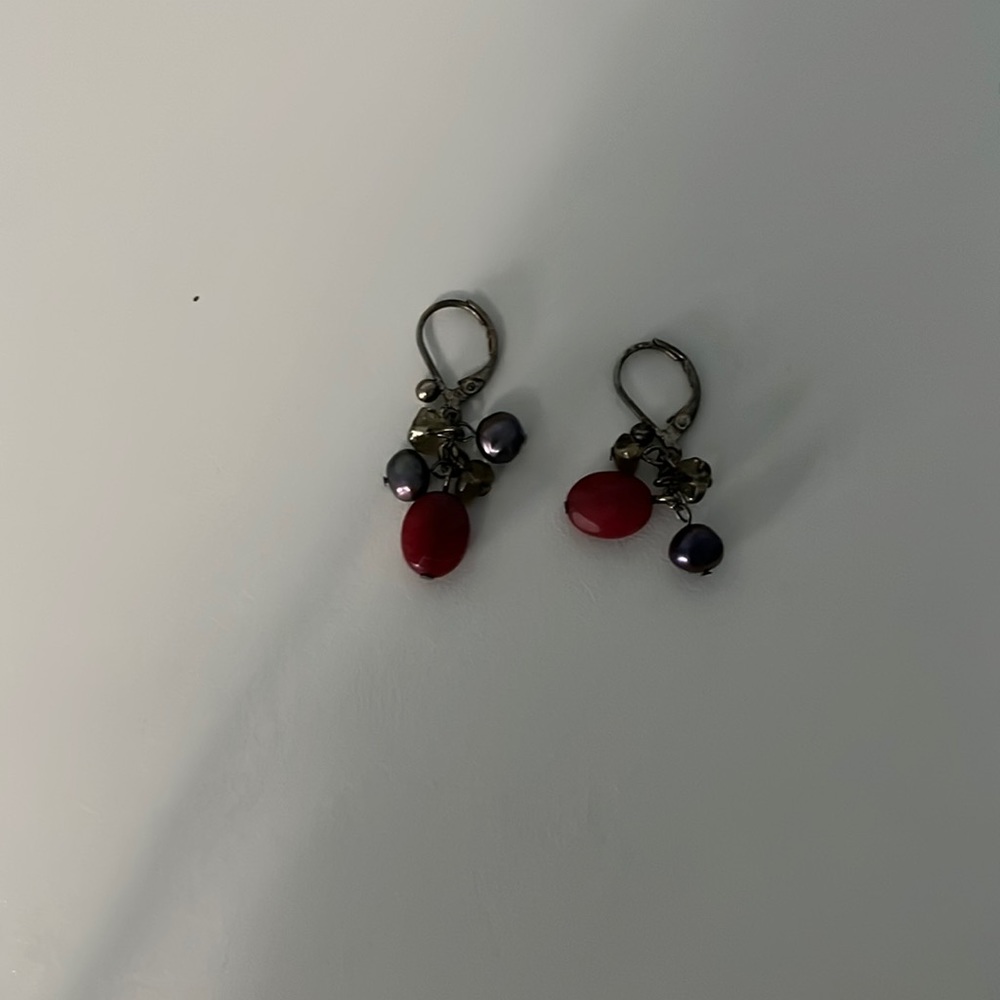 silver earrings with red clear and purple charms